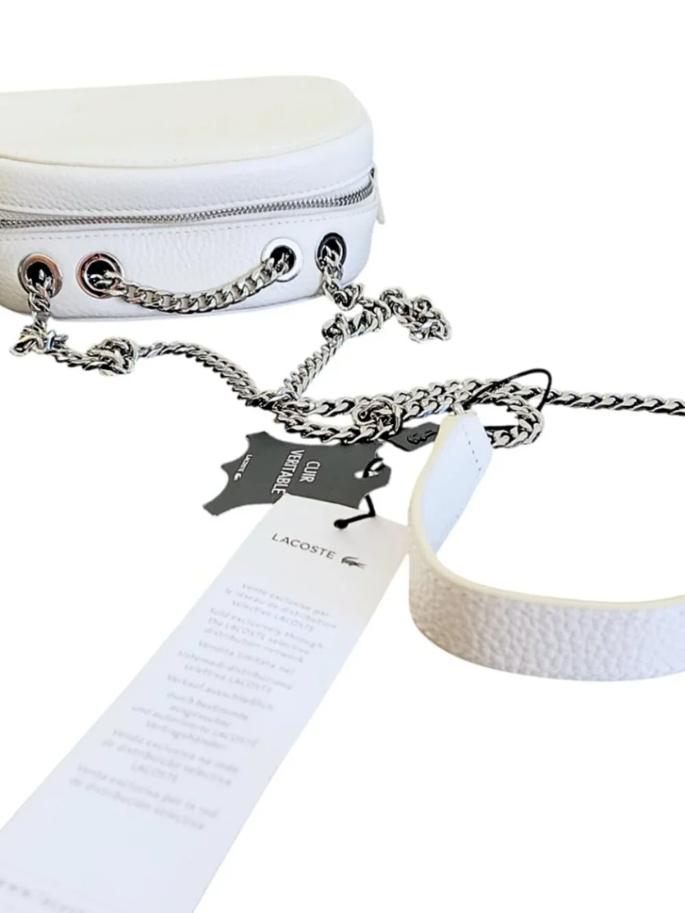 Lacoste NWT White Croco Crew Grained Leather Zip Crossbody Bag - Silver Chain - Picture 6 of 15